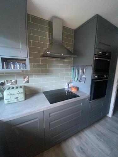 a kitchen with gray cabinets and a stove top oven at Modern Dublin Apartment in Dublin