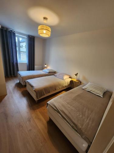 une chambre avec deux lits et un lustre dans l'établissement Le Nid'Ainay Maison de Village entièrement rénovée, à Ainay-le-Vieil