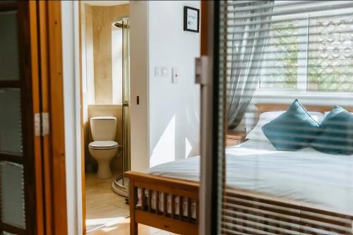 um quarto com uma cama com almofadas azuis e uma janela em Light and airy annexe with Parking em Bath