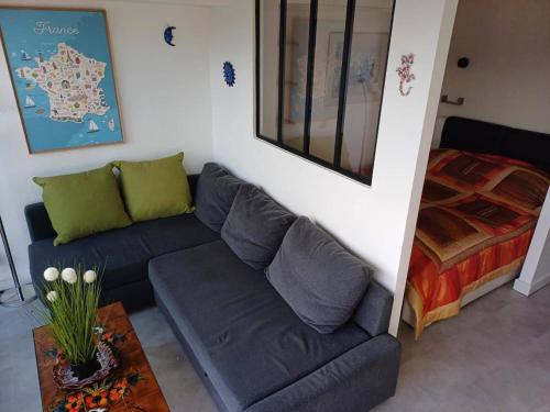 un salon avec un canapé et un lit dans l'établissement Charmant appartement climatisé avec terrasse - Bormes-les-Mimosas - FR-1-308-192, à Bormes-les-Mimosas