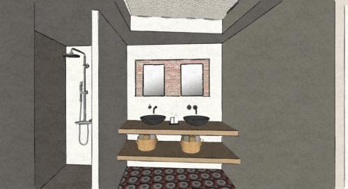 een tekening van een badkamer met twee wastafels bij Maison arcades suite 1 in Verdun-sur-Garonne