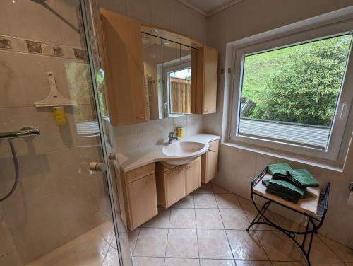 a bathroom with a sink and a shower with a window at Haus Am Waldesrand in Herzberg am Harz