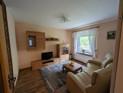 a living room with a couch and a table at Haus Am Waldesrand in Herzberg am Harz