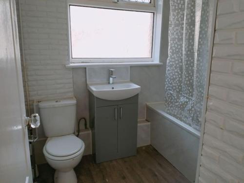 een badkamer met een toilet, een wastafel en een raam bij 3-Bedroom house with Sea view balcony in Swansea