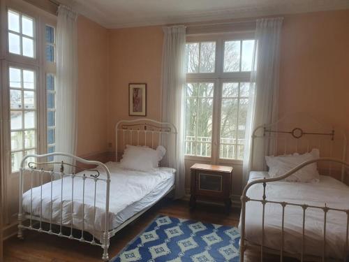 2 camas en un dormitorio con ventanas y alfombra en Maison de maître - Les Marizys en Vouziers