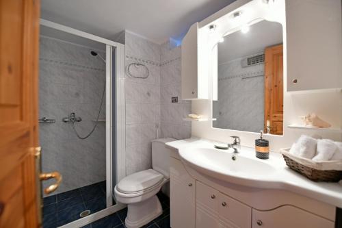 a bathroom with a sink and a toilet and a mirror at Villa Leonard - Comfort Villa in Hydra