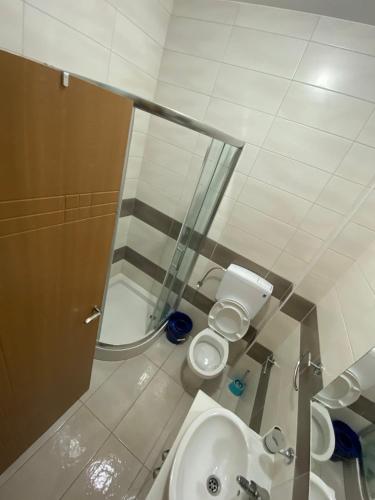 La petite salle de bains est pourvue de toilettes et d'un lavabo. dans l'établissement Lux Apartment Meecoon, à Podgorica