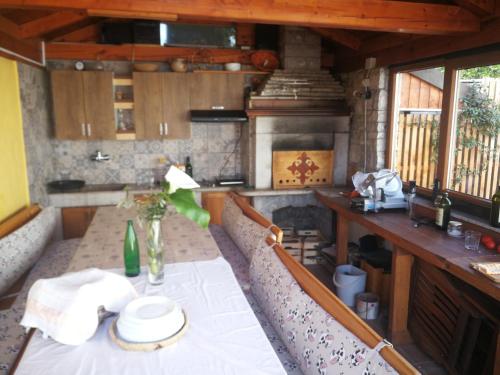 a kitchen with a table and a fireplace at Cozy apartment under the vine in Sežana