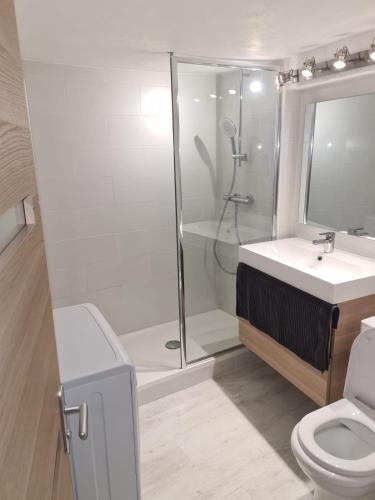une salle de bain avec une douche, des toilettes et un lavabo dans l'établissement T1Bis Centre Ville tout équipé #8 New, à Toulon