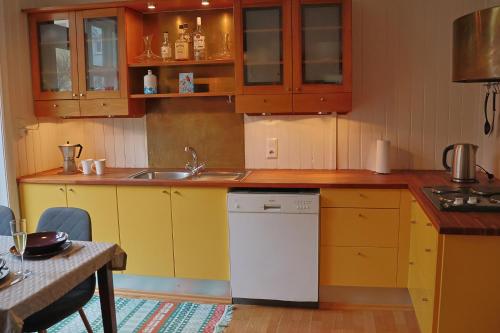 a kitchen with yellow cabinets and a white dishwasher at Ragna's apartment downtown. in Reykjavík
