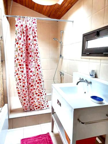 une salle de bain avec un rideau de douche et un lavabo dans l'établissement Maison charmante à Vielle-Saint-Girons avec vue sur le lac., à Vielle-Saint-Girons