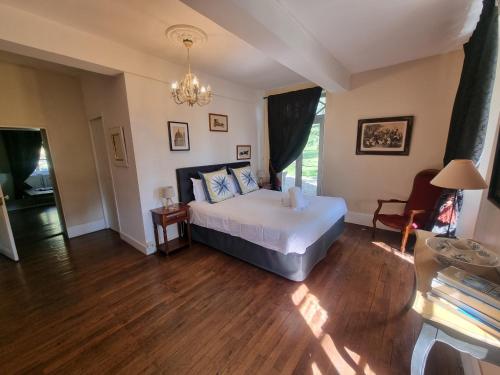 a bedroom with a white bed and a chandelier at Le Manoir du Thouron in Saint-Sulpice