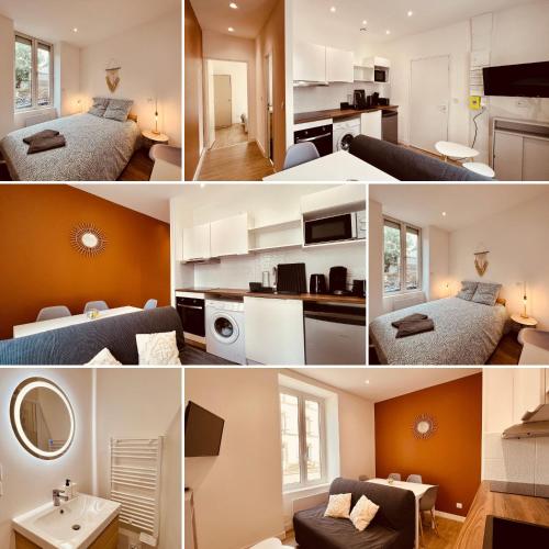 un collage de photos d'une chambre dans l'établissement L'Oasis - Home Homy, à Carhaix-Plouguer