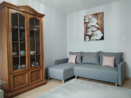 a living room with a couch and a cabinet at Apartament Białystok in Białystok