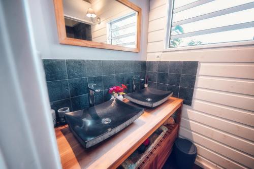 a bathroom with a black sink and a mirror at La Plantation in Saint-Joseph