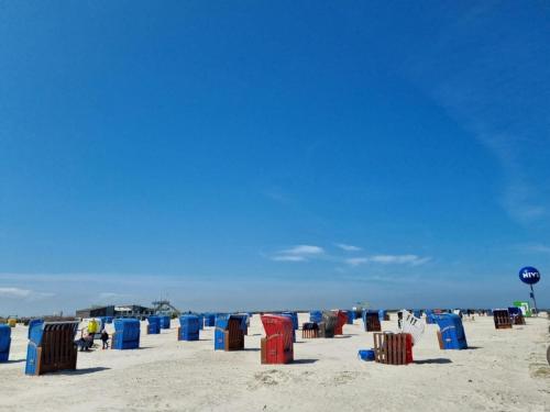 a row of beach chairs on a sandy beach at Haus Ankerliebe in Dornum