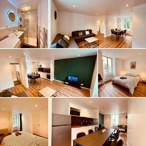 un collage de photos d'un salon et d'une cuisine dans l'établissement L'Escale en Amérique - Home Homy, à Saint-Florent-sur-Cher