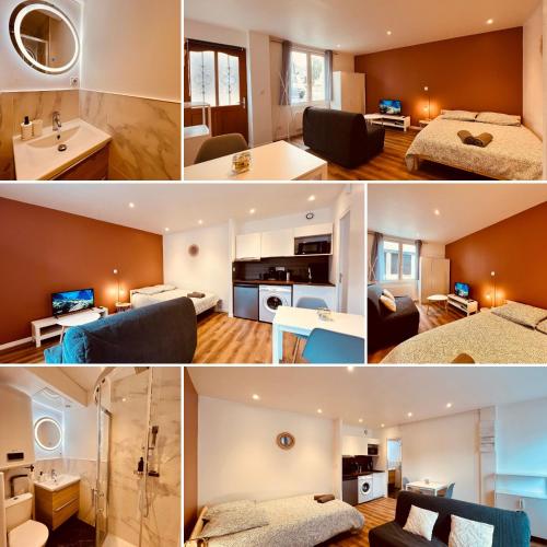 un collage de photos d'une chambre d'hôtel dans l'établissement Le Refuge Incas - Home Homy, à Saint-Florent-sur-Cher