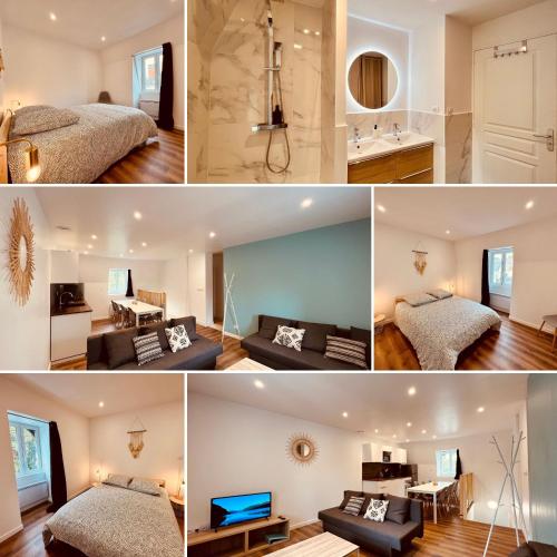 un collage de photos d'une chambre et d'un salon dans l'établissement Le Loft Scandinave - Home Homy, à Saint-Florent-sur-Cher