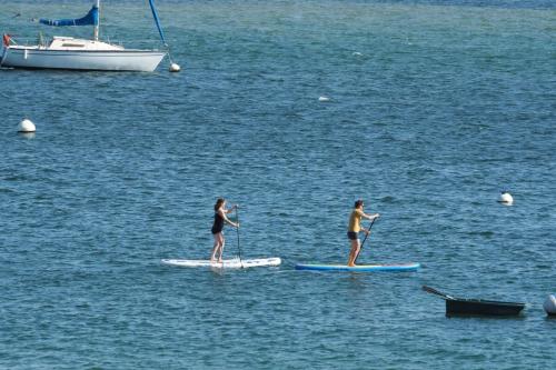 two people are standing on paddle boards in the water at Feet in the water breathtaking 180 sea view! in Port-Louis