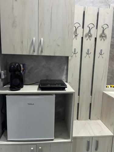 a cabinet with a laptop on top of it in a kitchen at Diamond Hostel in Divčibare