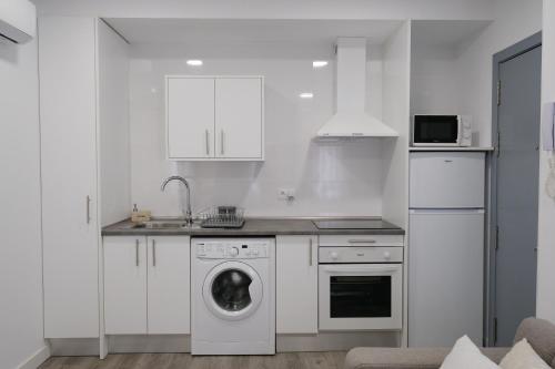 a kitchen with a washing machine and a sink at Los Miradores del Arrabal in Toledo