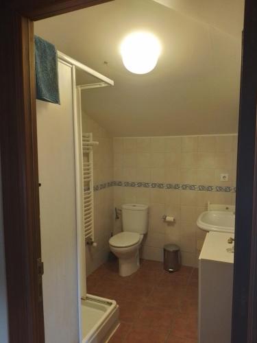 a bathroom with a toilet and a sink and a light at Casa Rural 643km in Villatuerta