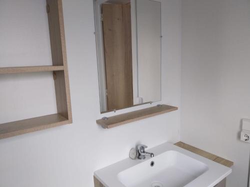 a bathroom with a sink and a mirror at Mobil Home in Valras-Plage