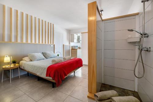 a bedroom with a bed and a shower in a room at Casa Amanecer 2 in Mácher