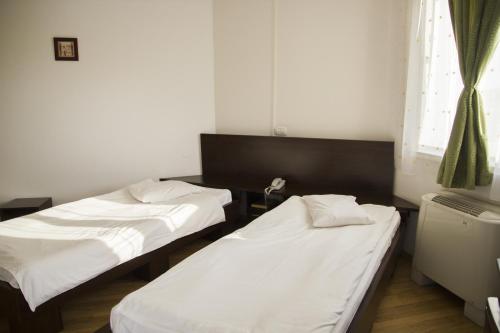 two twin beds in a room with a window at Villa Grande in Iaşi