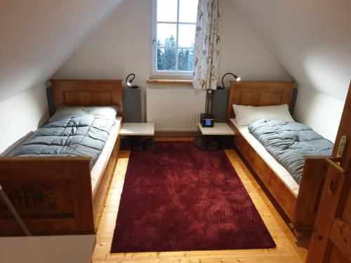 - 2 lits dans une chambre avec un tapis rouge dans l'établissement Chalet St Lorenzen, à Eibiswald