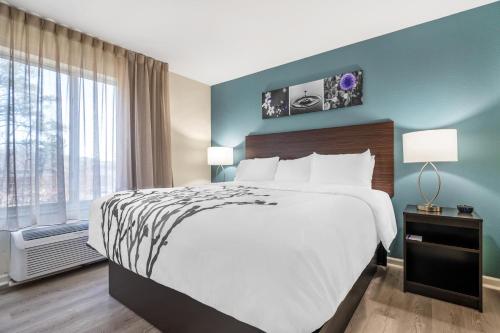 a hotel room with a bed and a large window at Sleep Inn & Suites in Newport News