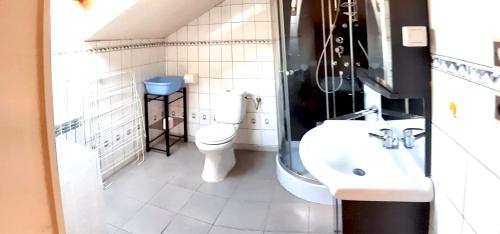biała łazienka z toaletą i umywalką w obiekcie Maison enchanteresse à Ingersheim avec vue sur la montagne w mieście Ingersheim