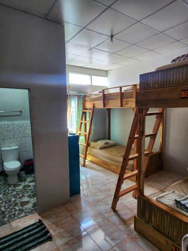 a room with a bunk bed and a toilet at Seven Nine Hostel - Calm place to sleep in Baan Tai