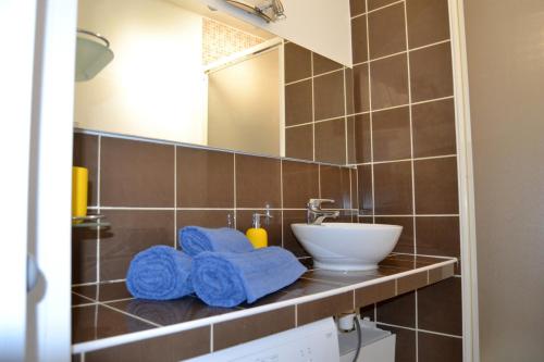 La salle de bains est pourvue d'un lavabo et d'un miroir. dans l'établissement Je jazz les couleurs à Albi, Mon-Appart Hotel-ALBI, à Albi