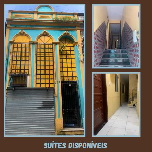 three pictures of a building with a gate and stairs at Carpe Diem Suítes in Belém