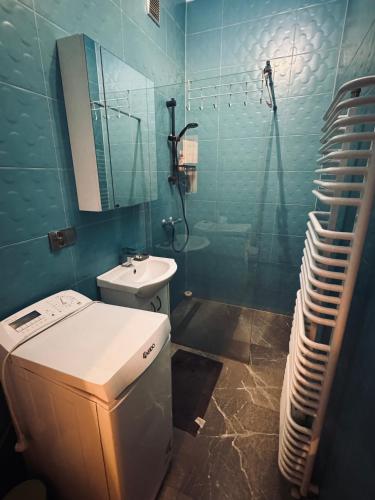uma casa de banho com um WC, um lavatório e um espelho. em Apartament Wlodzimierza bilana 4/5 em Przemyśl