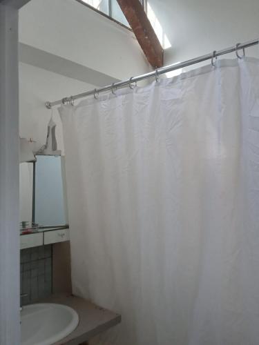 a bathroom with a white shower curtain and a sink at Paris, central et calme in Paris