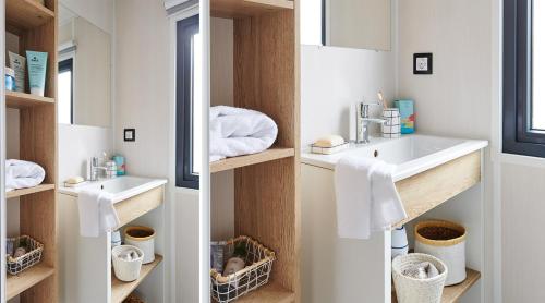 uma casa de banho com um lavatório e um espelho em Camping pays de Beille em Les Cabannes
