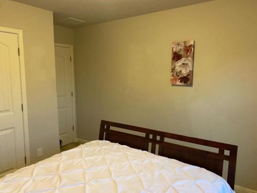 a bedroom with a bed and a picture on the wall at Lxry 4 BR Bckyd, Pool, Hot Tub near attrctns (Tal.) in Helotes