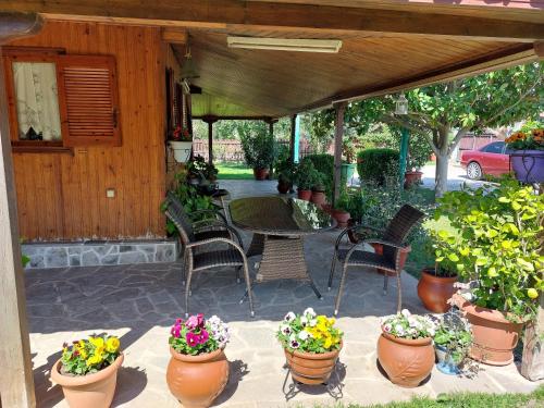 扎哈羅的住宿－Giorgos litsa VILLA，天井配有桌椅和盆栽植物