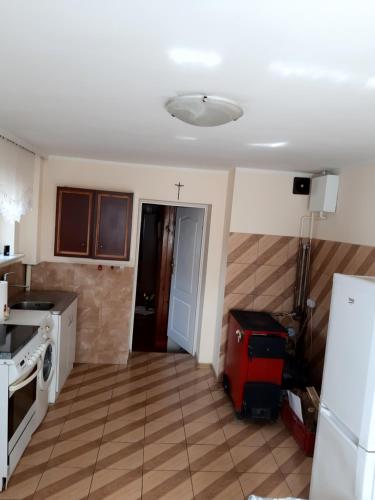 a kitchen with a refrigerator and a room with a floor at Apartament na wsi in Lubniewice