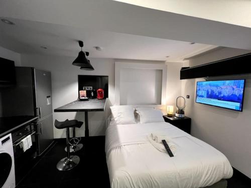 um quarto de hotel com uma cama e uma televisão em St Michel studio em Paris