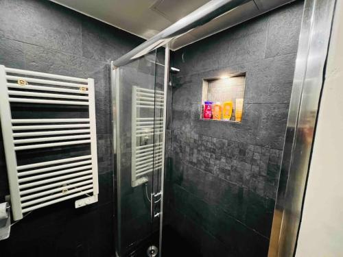 uma casa de banho com um chuveiro e uma porta de vidro em St Michel studio em Paris