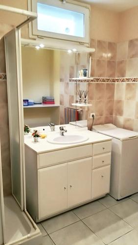 une salle de bain avec un lavabo et un grand miroir dans l'établissement Villa de charme, Sarlat-la-Canéda, jardin, à Sarlat-la-Canéda