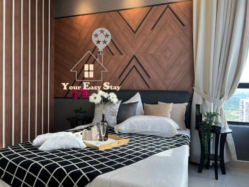 Un dormitorio con una cama con un cartel que lee nuestro diario en Luxurious Rustic Suite Conezion Botanical Garden IOI City Mall Putrajaya 5 plus 1 Paxs 3 Rooms 2 Baths, en Putrajaya