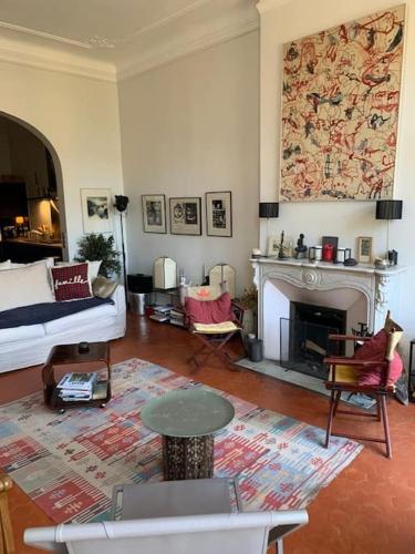 - un salon avec un lit et une cheminée dans l'établissement Coeur Longchamp, Grand Haussmannien, à Marseille