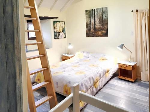 a small bedroom with a bed and a ladder at Maison cosy avec vue sur la montagne à Dompnac, cheminée in Dompnac