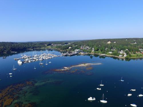 an aerial view of a harbor with boats in the water at Lindenwood Inn in Southwest Harbor