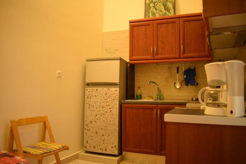 uma cozinha com um frigorífico e um lavatório em Piraeus art deco apartment em Piraeus